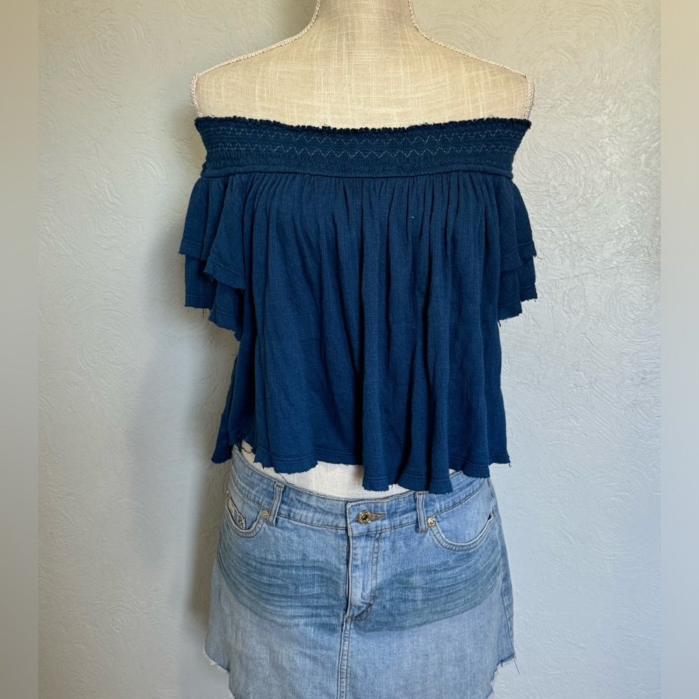 Free People Navy Blue Off The Shoulder Shirt Sleeved Blouse Women’s Size XS
